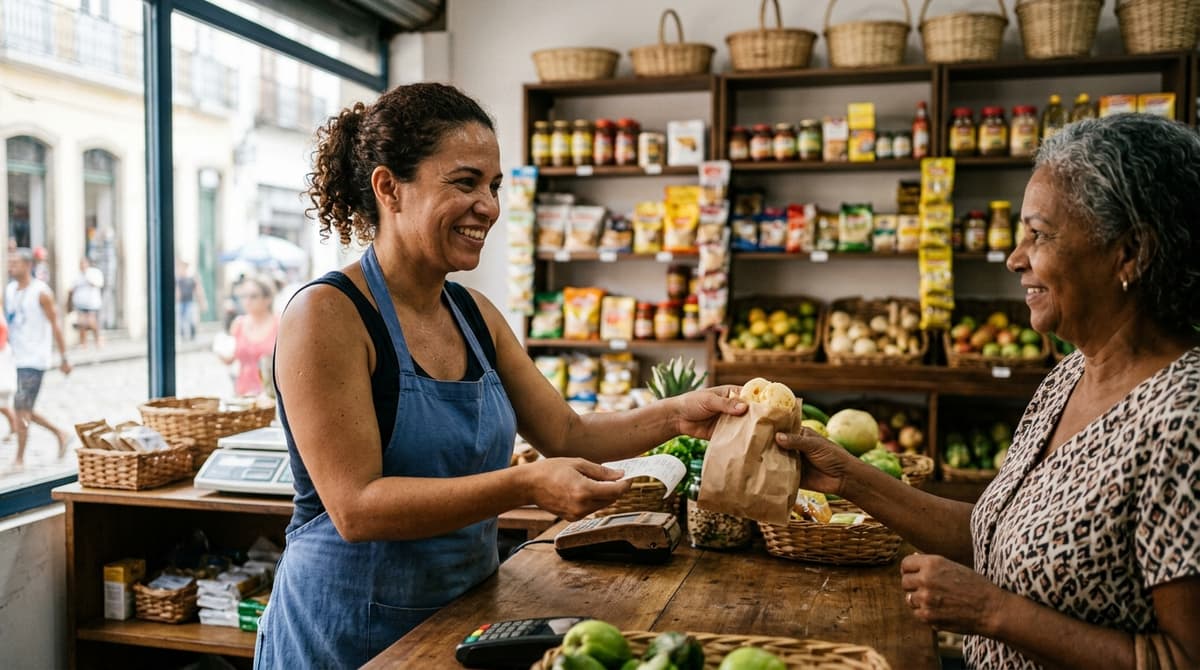 Dona de pequena empresa atendendo um cliente no balcão de uma loja de bairro em uma cidade brasileira
