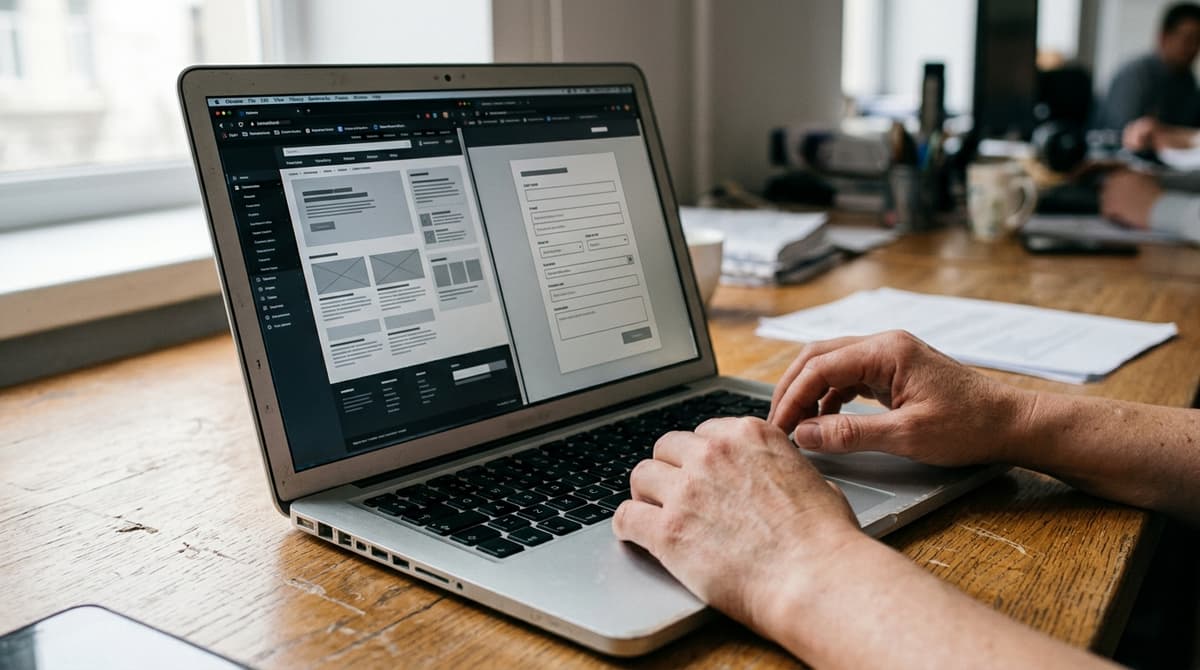 Tela de notebook mostrando lado a lado um site institucional com várias seções e uma landing page enxuta com um único formulário