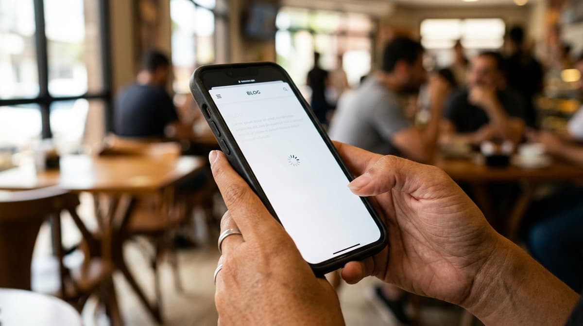 Visitante usando o site de uma empresa no celular com tela de carregamento lento