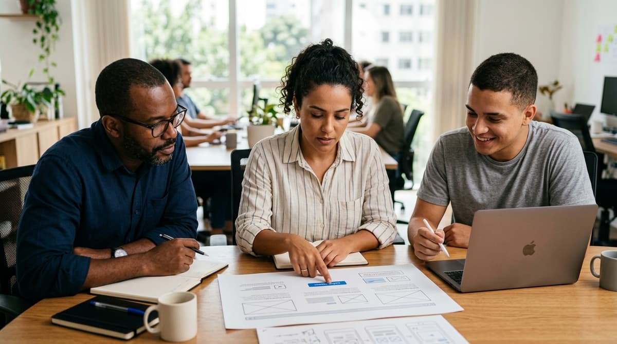 Equipe de agência revisando o layout de uma página de captação em uma reunião de trabalho