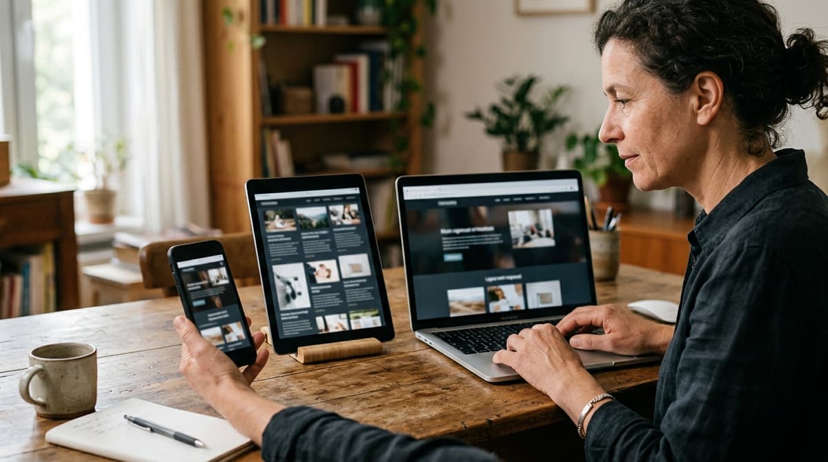 Mesma página de um site exibida lado a lado em um celular, um tablet e um notebook, mostrando o conteúdo adaptado a cada tela