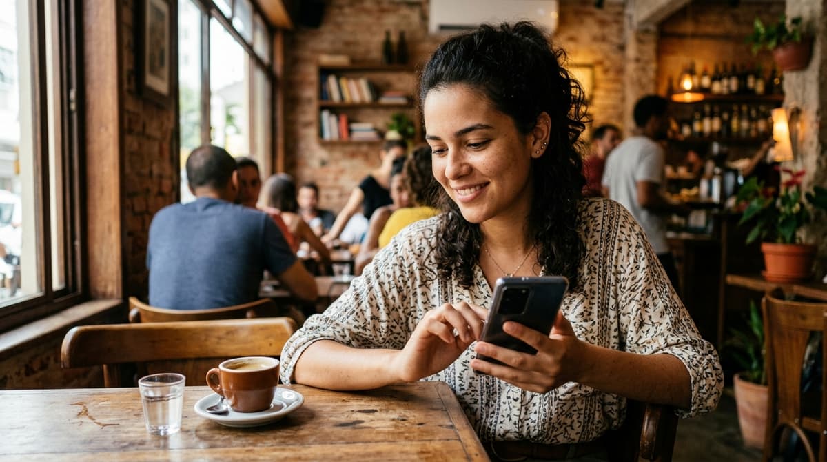Cliente em uma cafeteria preenchendo um formulário de contato no celular com facilidade, em um site bem adaptado