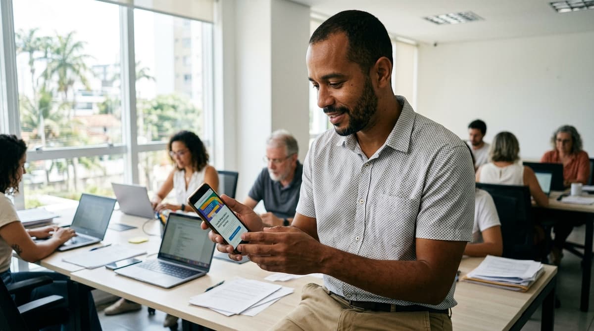 Empreendedor brasileiro acessando o site da própria empresa pelo celular em um ambiente de escritório