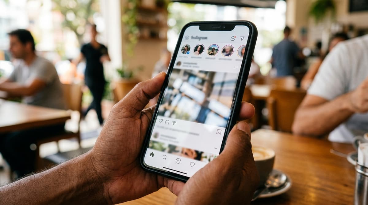 Mão segurando um celular na vertical mostrando a fileira de Stories no topo do aplicativo de rede social