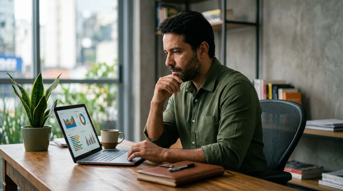 Empreendedor analisando gráficos de métricas de redes sociais na tela de um notebook em um escritório no Brasil