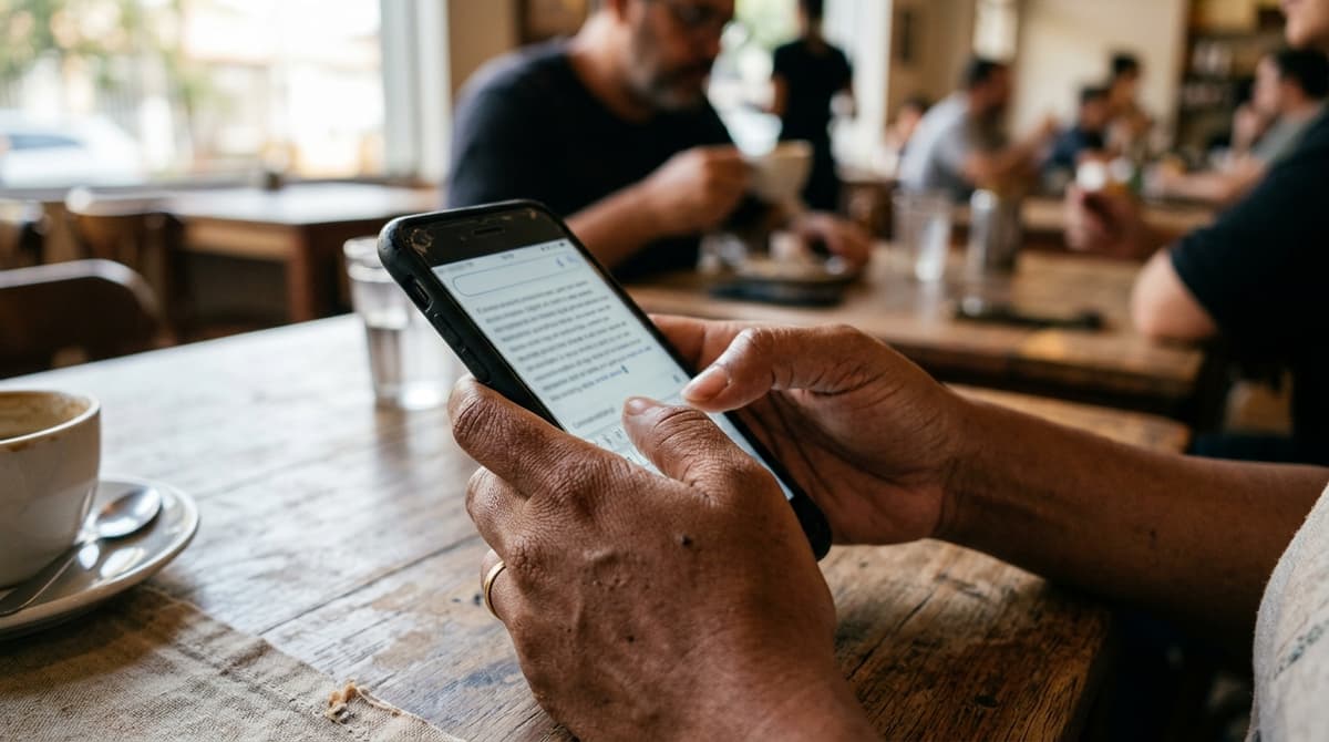 Pessoa usando o celular para fazer uma busca conversacional, digitando uma pergunta longa em vez de palavras-chave soltas