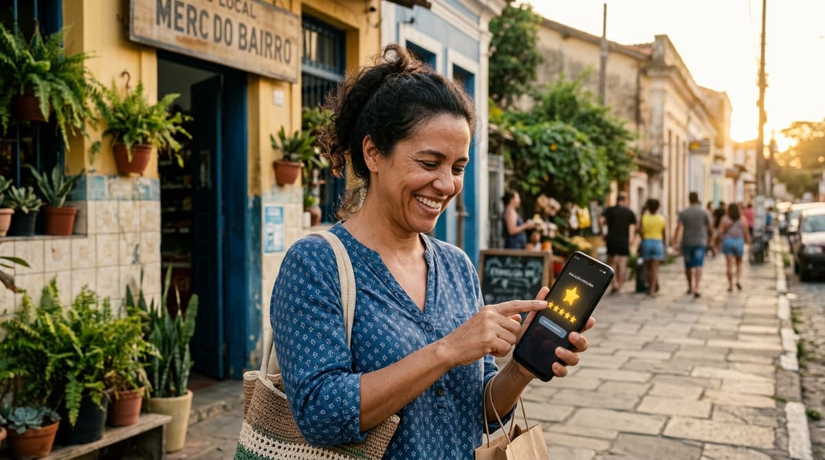 Cliente satisfeito avaliando uma empresa pelo celular, representando a construção de confiança e autoridade de marca