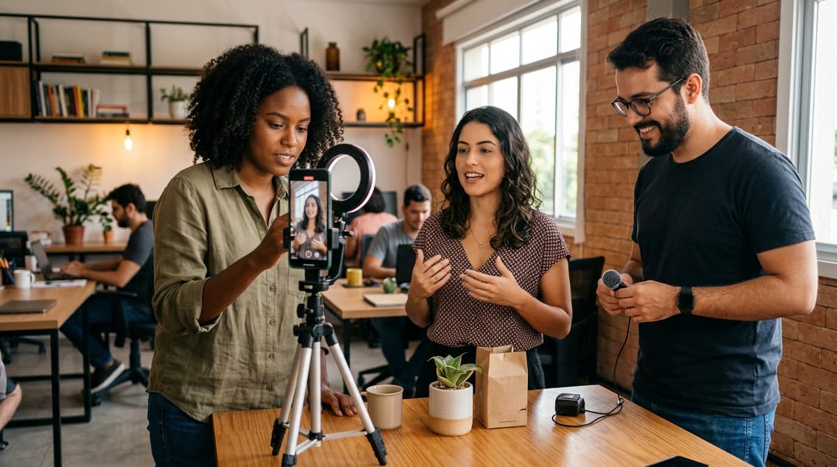 Equipe de pequena empresa brasileira gravando vídeo vertical para anúncio de TikTok com celular e iluminação simples