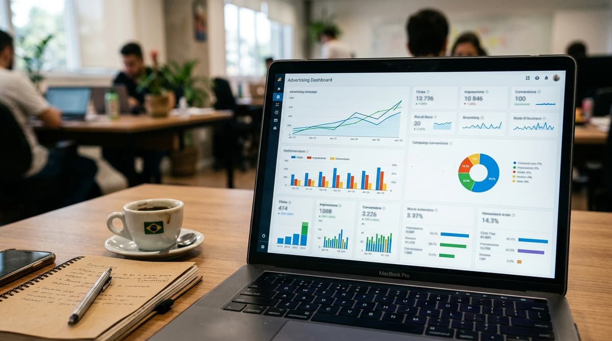Tela de notebook mostrando painel de campanha de anúncios com gráficos de desempenho, sobre mesa de escritório brasileiro