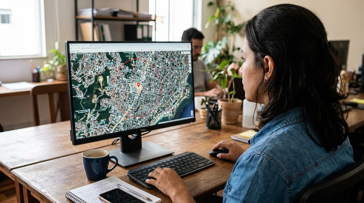 Tela de computador mostrando um mapa de cidade brasileira com um círculo de raio desenhado ao redor de um ponto comercial