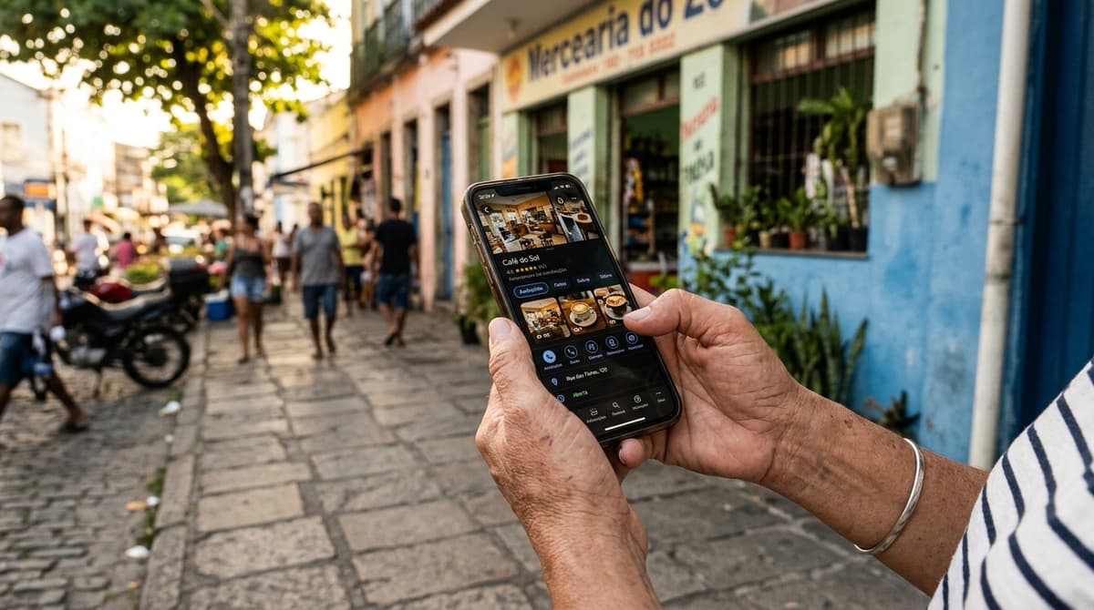 Cliente segurando smartphone que exibe o perfil de uma empresa local no Google com fotos, avaliações e horário de funcionamento