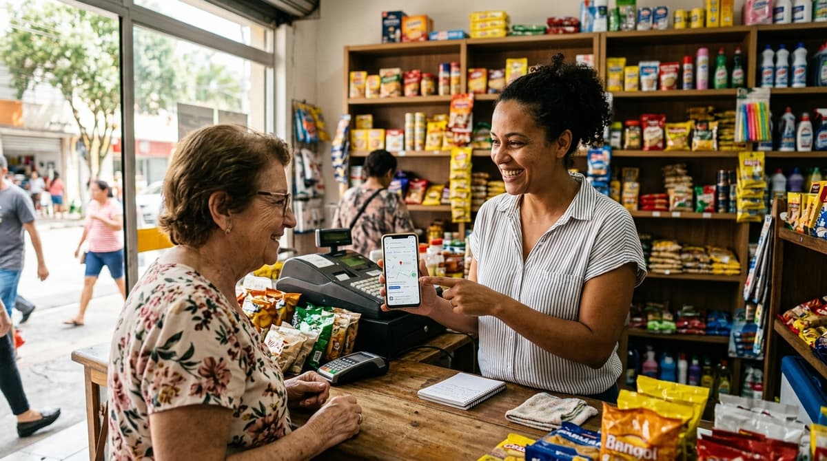 Dono de pequeno comércio brasileiro atendendo cliente no balcão enquanto consulta o celular com anúncios e mapa da região