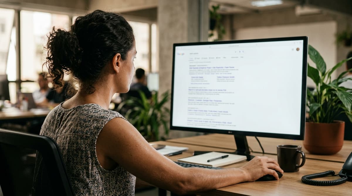 Tela de computador dividida mostrando anúncios patrocinados de um lado e resultados de busca naturais do outro