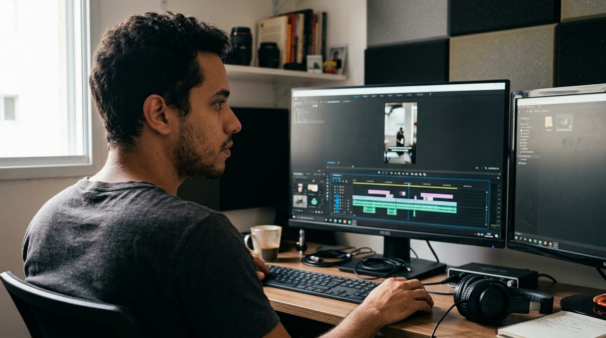 Editor brasileiro ajustando legendas e enquadramento vertical de um vídeo de anúncio na tela do computador
