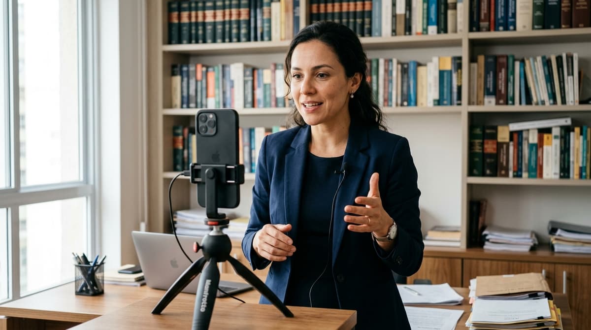 Advogada brasileira gravando vídeo vertical com smartphone em tripé no escritório, explicando um tema jurídico