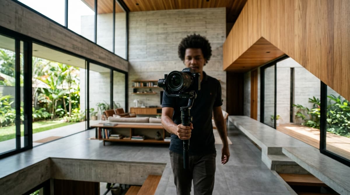 Câmera em estabilizador percorrendo o interior de uma residência contemporânea brasileira com luz natural e pé direito alto