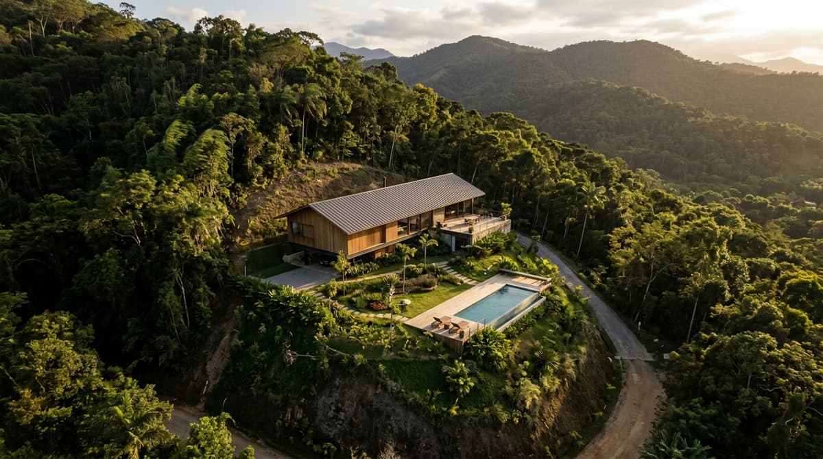 Drone sobrevoando uma residência contemporânea em terreno arborizado no Brasil, mostrando a implantação do projeto no lote