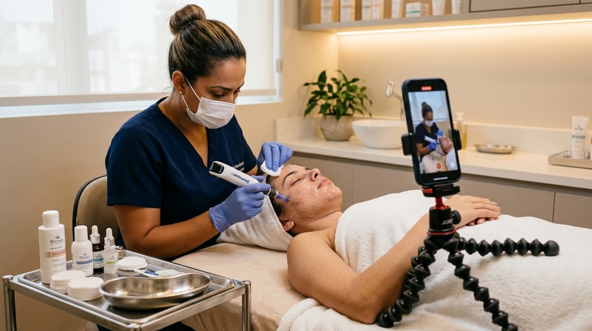 Esteticista brasileira realizando procedimento facial enquanto celular em tripé grava vídeo vertical do atendimento