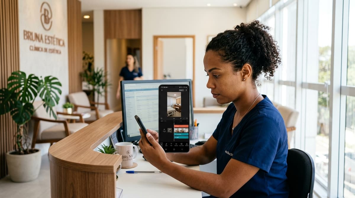 Recepcionista de clínica de estética editando vídeo vertical em smartphone, mostrando interface de edição de vídeo curto