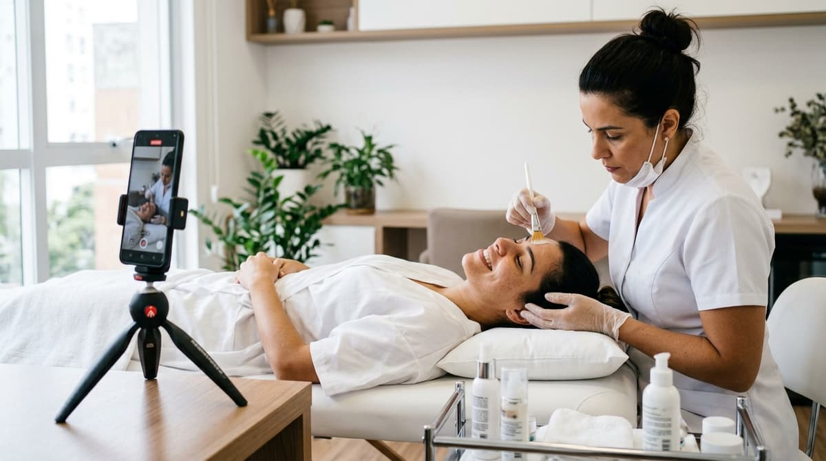 Profissional de clínica de estética brasileira gravando vídeo vertical de procedimento com celular em tripé