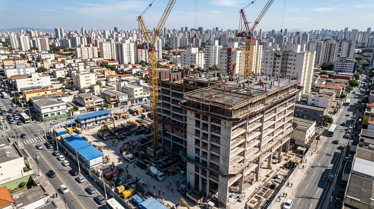 Drone sobrevoando canteiro de obras de construtora, com estrutura de prédio em fase de execução