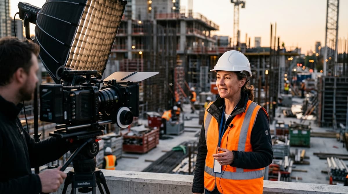 Engenheiro civil dando depoimento em vídeo profissional em canteiro de obras, com iluminação e câmera