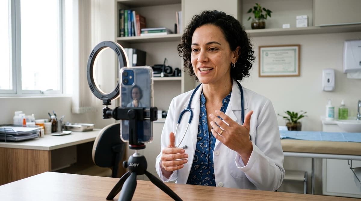 Médica brasileira gravando vídeo vertical com smartphone em tripé no consultório, explicando um tema de saúde