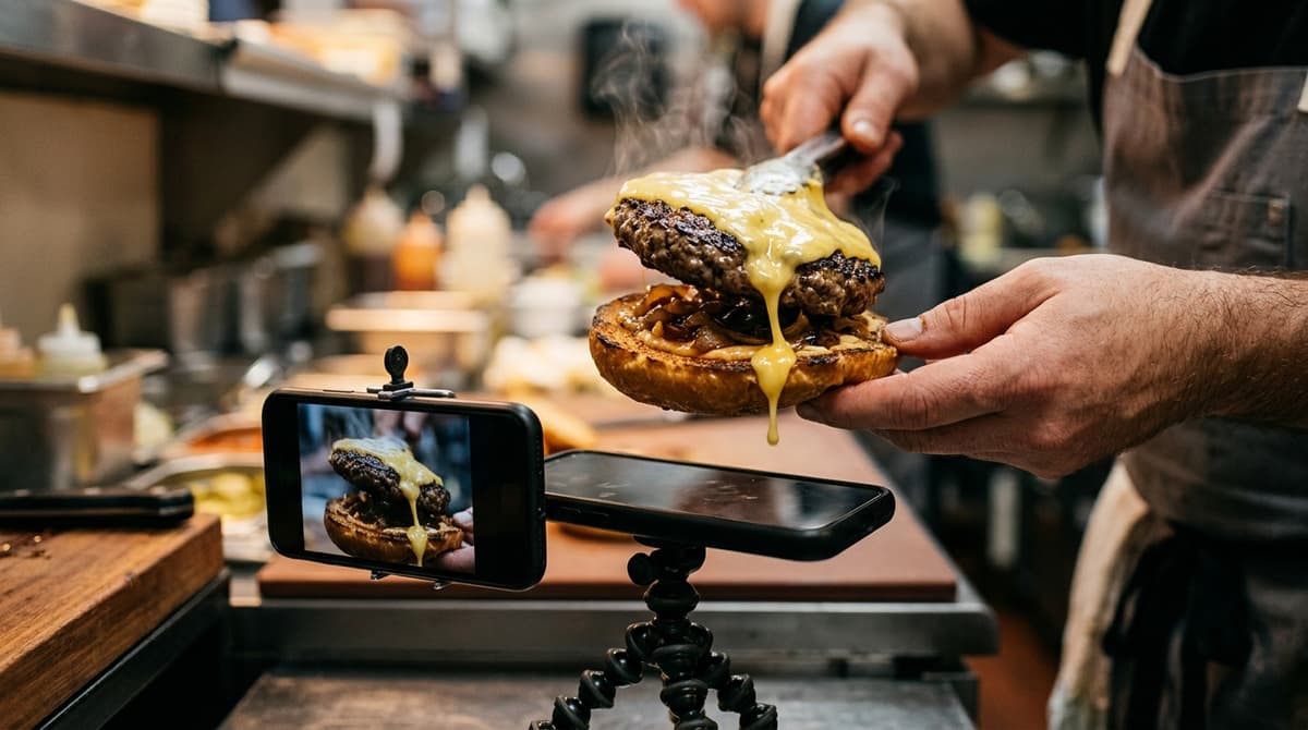 Close de hambúrguer artesanal sendo montado com queijo derretendo, gravado por celular em apoio