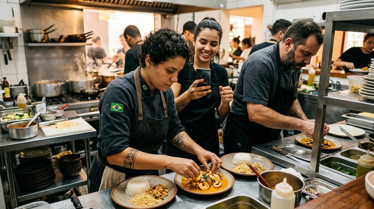 Equipe de restaurante brasileiro trabalhando na cozinha enquanto um membro grava bastidores com smartphone