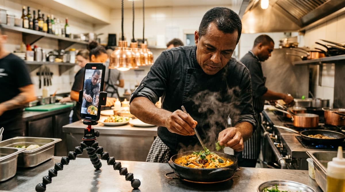 Chef finalizando prato em cozinha de restaurante enquanto câmera de celular grava o momento