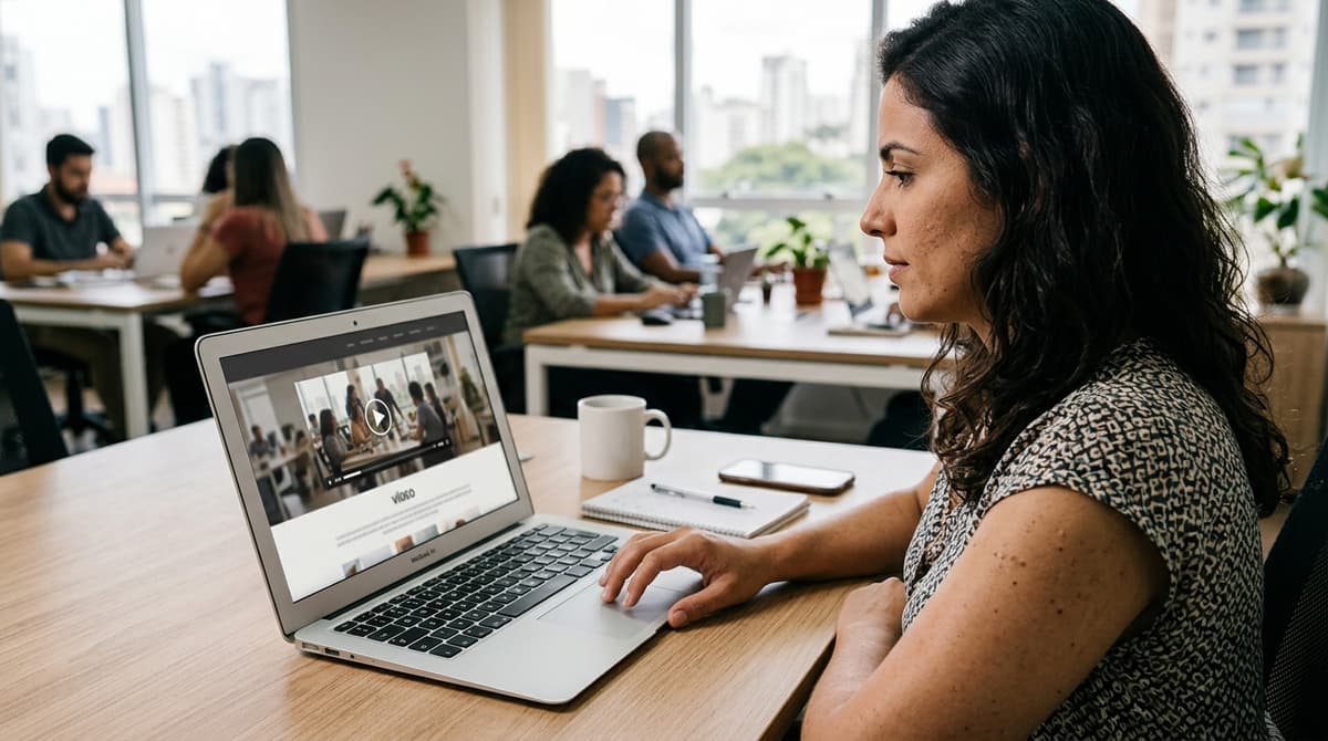 Tela de notebook exibindo a pagina inicial de um site de empresa com um player de video em destaque na primeira dobra