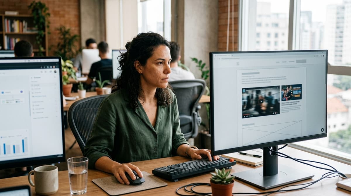 Profissional de marketing analisando a estrutura tecnica de uma pagina com video em duas telas, organizando codigo de incorporacao e miniatura