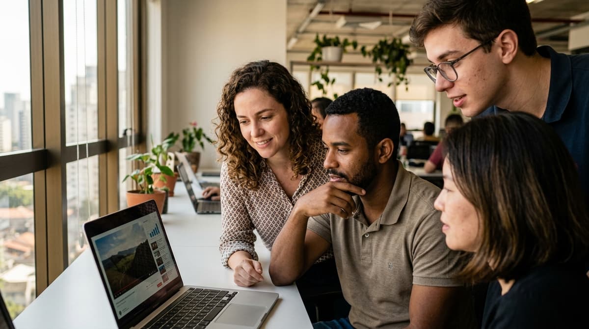 Equipe de pequena empresa brasileira assistindo a um video institucional na tela de um notebook em reuniao