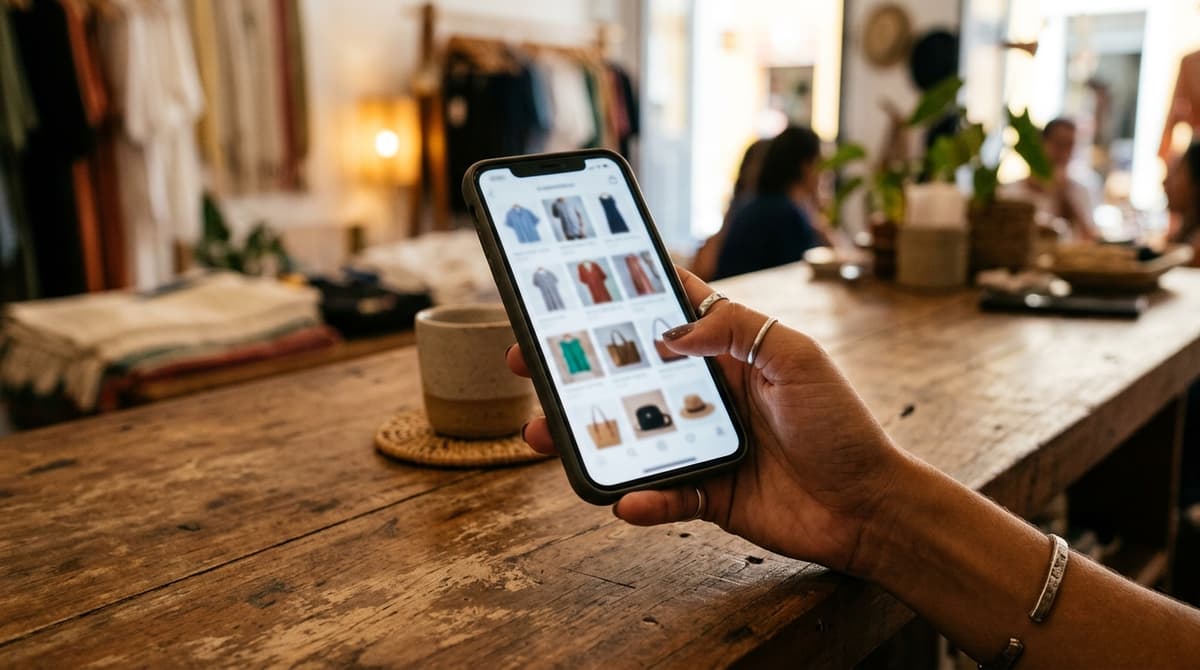 Tela do catálogo do WhatsApp Business mostrando produtos organizados em uma pequena loja brasileira