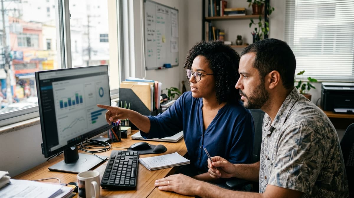 Equipe de uma pequena empresa brasileira analisando o atendimento por WhatsApp em um computador