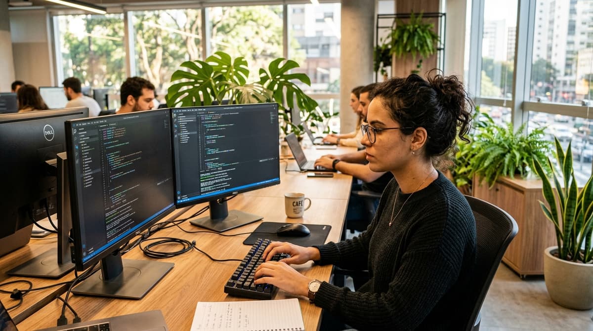 Desenvolvedora programando um site sob medida em um escritorio de agencia