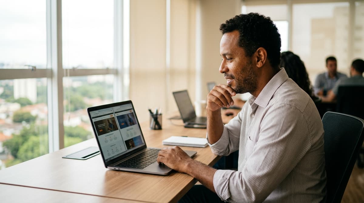 Empresario analisando opcoes de plataforma de site em um escritorio brasileiro