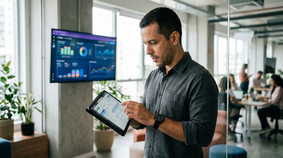 Gestor de tráfego ajustando uma campanha de anúncios em um tablet