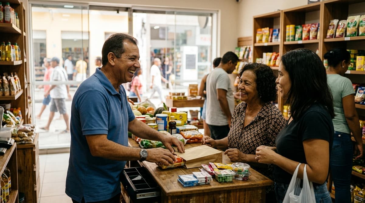 Comerciante atendendo clientes na loja, com mais visibilidade do negócio